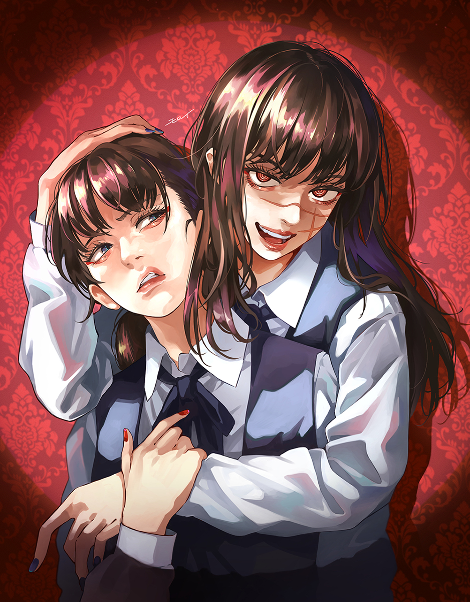 2girls, bangs, black_hair, black_ribbon, blue_eyes, blue_nails, chainsaw_man, cross_scar