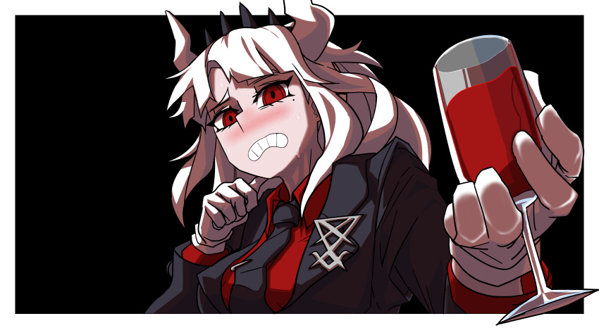 1girl, absurdres, alcohol, bangs, black_background, black_jacket, black_necktie, border