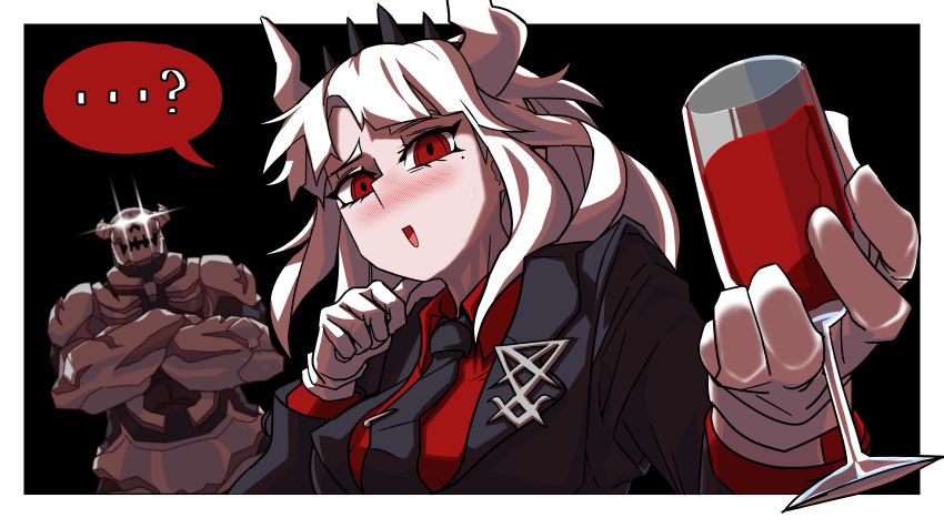 ..., 1girl, ?, absurdres, alcohol, bangs, black_background, black_jacket