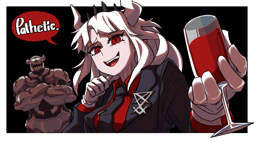 1girl, :d, absurdres, alcohol, bangs, black_background, black_jacket, black_necktie