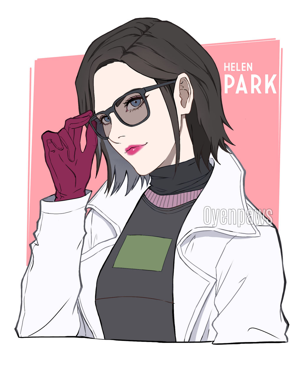 1girl, adjusting_eyewear, artist_name, black-framed_eyewear, black_hair, black_vest, blue_eyes, border