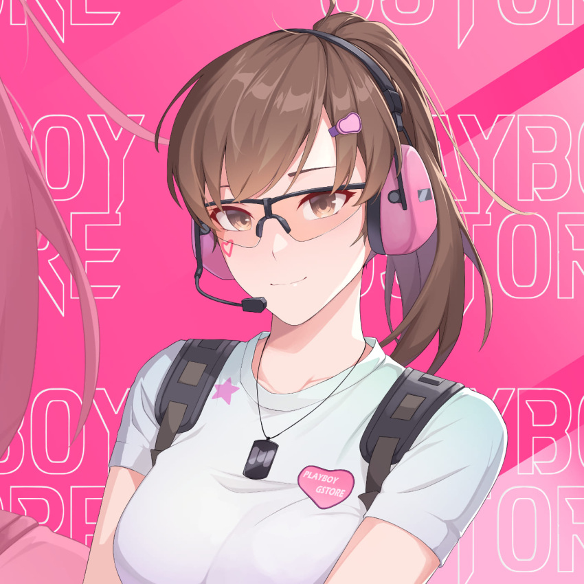 1girl, background_text, backpack, bag, bangs, breasts, brown_eyes, brown_hair, call_of_duty, call_of_duty:_mobile, carrying_bag, closed_mouth, clothes_writing, commission, dog_tags, ear_protection, english_commentary, english_text, facial_mark, hair_ornament, hairclip, heart, heart_facial_mark, highres, jewelry, looking_at_viewer, medium_hair, microphone, mizushima_naomi, narchiart, necklace, pink-tinted_eyewear, pink_background, ponytail, shirt, shooting_glasses, short_sleeves, solo, star_(symbol), t-shirt, tinted_eyewear, tsurime, upper_body