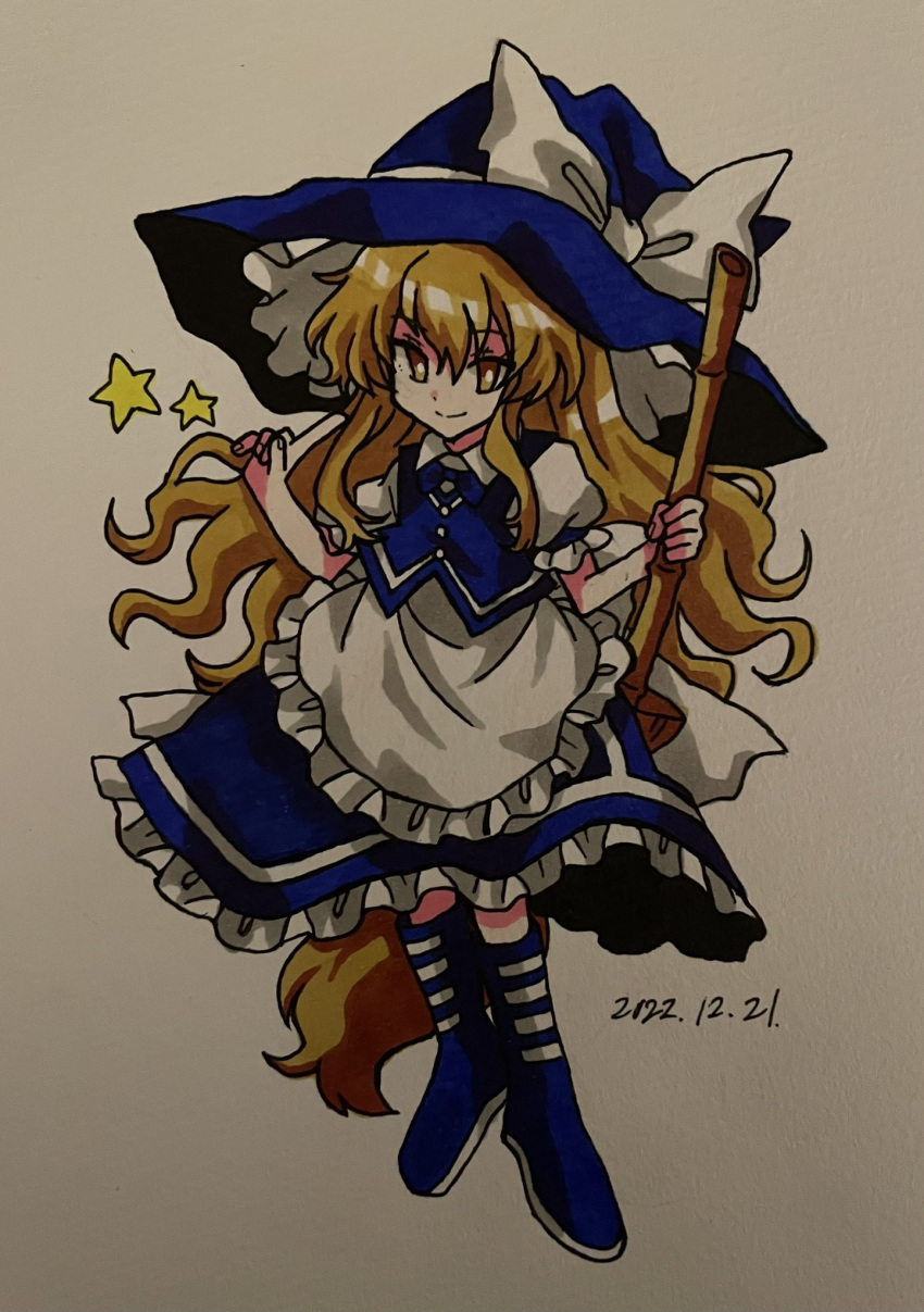 1girl, apron, blonde_hair, blue_footwear, blue_headwear, blue_skirt, blue_vest, boots