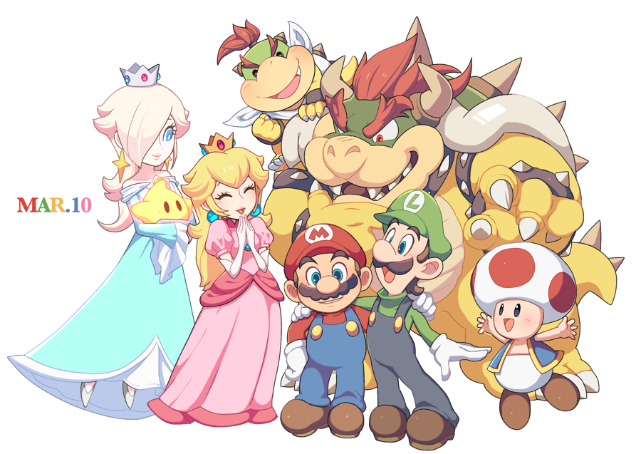 2girls, 5boys, ^_^, aqua_dress, arm_around_shoulder, armlet, arms_up, bandana