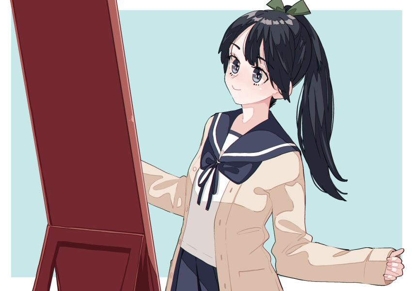 1girl, alternate_costume, black_hair, blue_neckerchief, blue_sailor_collar, blue_skirt, cardigan, commentary_request