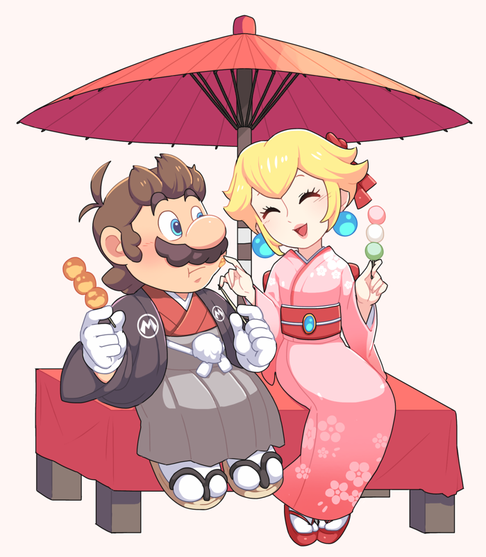 1boy, 1girl, :t, ^_^, antenna_hair, bangs, black_jacket, blonde_hair, blue_eyes, blue_gemstone, blush, bow, brown_hair, closed_eyes, closed_mouth, dango, earrings, facial_hair, floral_print, food, food_on_face, full_body, gem, gloves, grey_hakama, hair_bow, hair_ornament, hakama, hands_up, haori, hetero, holding, holding_food, hoshikuzu_pan, jacket, japanese_clothes, jewelry, kimono, long_sleeves, looking_at_another, mario, mario_kart, mario_kart_tour, mitarashi_dango, mustache, obi, official_alternate_costume, oil-paper_umbrella, open_clothes, open_jacket, open_mouth, pink_kimono, pom_pom_(clothes), princess_peach, print_kimono, red_bow, red_footwear, red_kimono, red_sash, red_umbrella, sandals, sanshoku_dango, sash, short_hair, sidelocks, simple_background, sitting, smile, socks, sphere_earrings, super_mario_bros., tabi, umbrella, wagashi, white_background, white_gloves, white_socks, wide_sleeves, zouri