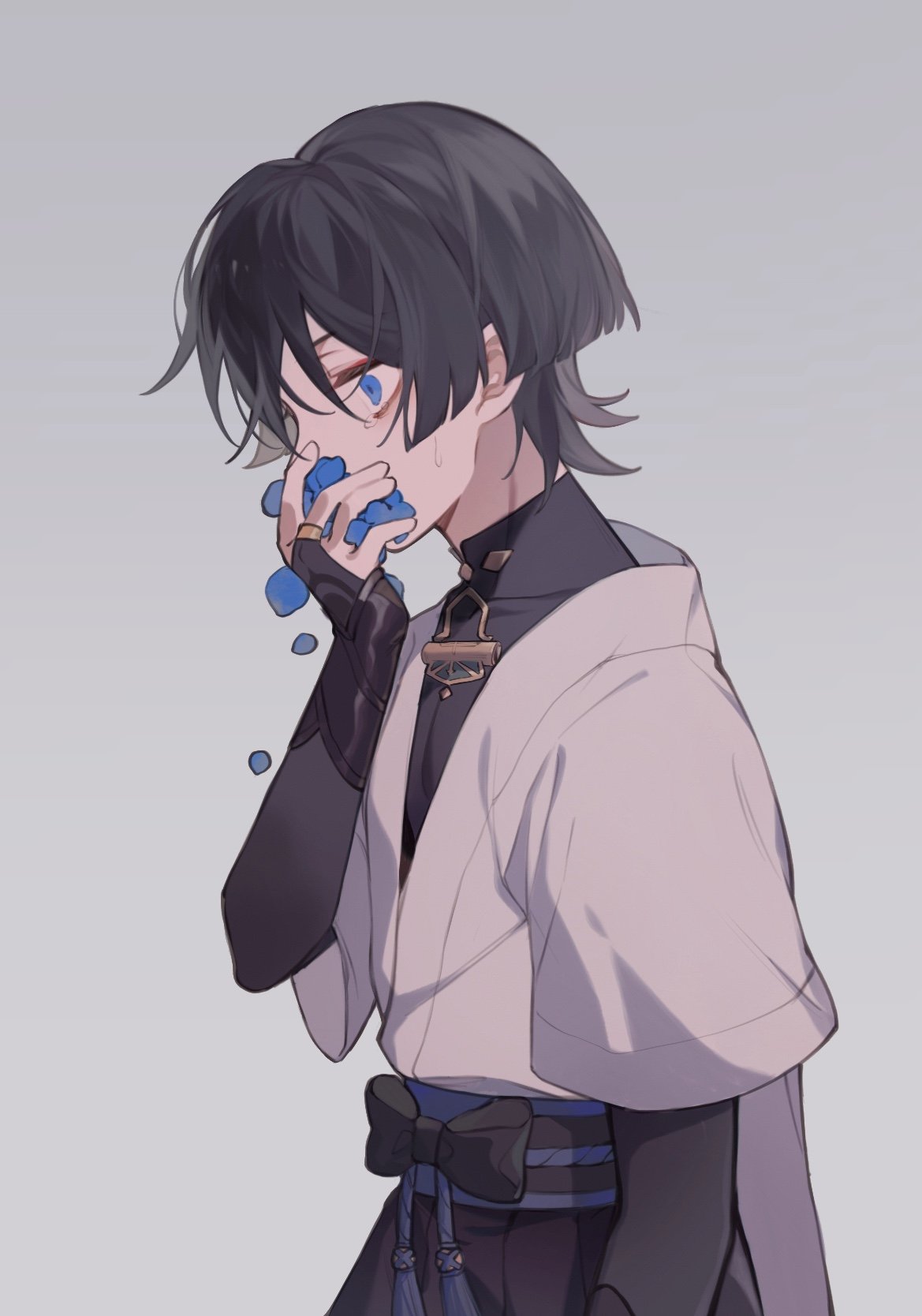 1boy, arm_armor, bangs, belt, black_belt, black_bow, black_hair, black_shirt