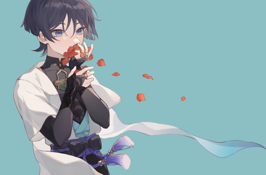 1boy, arm_armor, bangs, belt, black_belt, black_bow, black_hair, black_shirt