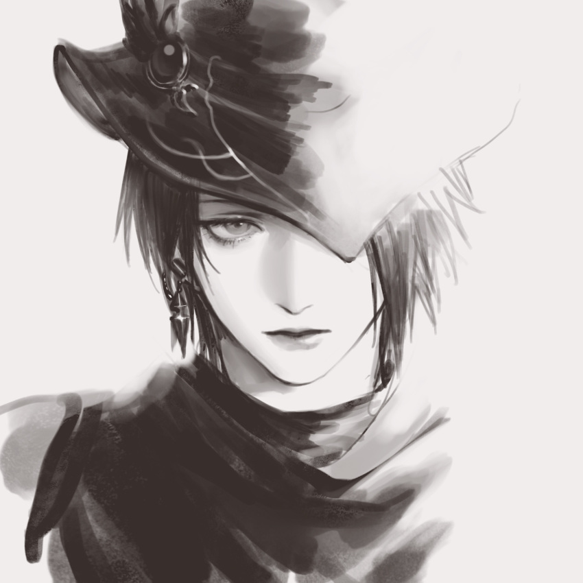 1girl, androgynous, black_hair, black_headwear, commentary, ear_piercing, earrings, expressionless
