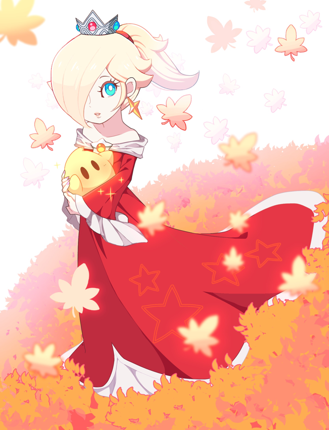 1girl, alternate_hairstyle, bangs, bare_shoulders, blonde_hair, blue_eyes, blue_gemstone, blush, bright_pupils, brooch, collarbone, crown, dress, earrings, eyelashes, falling_leaves, fire_rosalina, frilled_sleeves, frills, full_body, gem, hair_over_one_eye, high_ponytail, holding, hoshikuzu_pan, jewelry, leaf, lips, long_hair, long_sleeves, looking_at_viewer, luma_(mario), maple_leaf, mini_crown, off-shoulder_dress, off_shoulder, one_eye_covered, parted_bangs, parted_lips, pink_gemstone, ponytail, red_dress, rosalina, sidelocks, simple_background, sparkle, standing, star_(symbol), star_earrings, super_mario_3d_world, super_mario_bros., swept_bangs, white_background, white_pupils, wide_sleeves