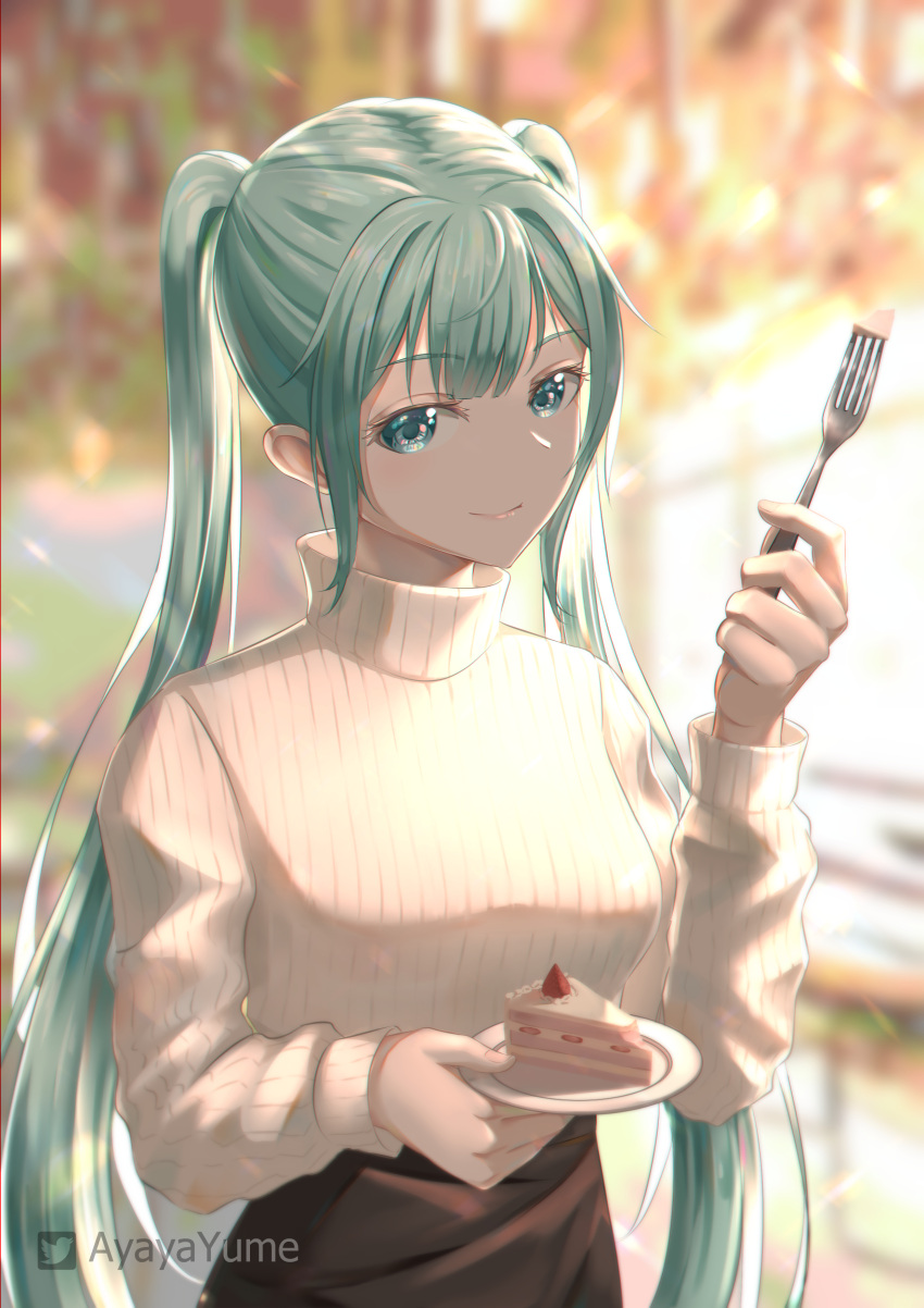 1girl, absurdres, aqua_hair, blue_eyes, blurry, blurry_background, cake, cake_slice