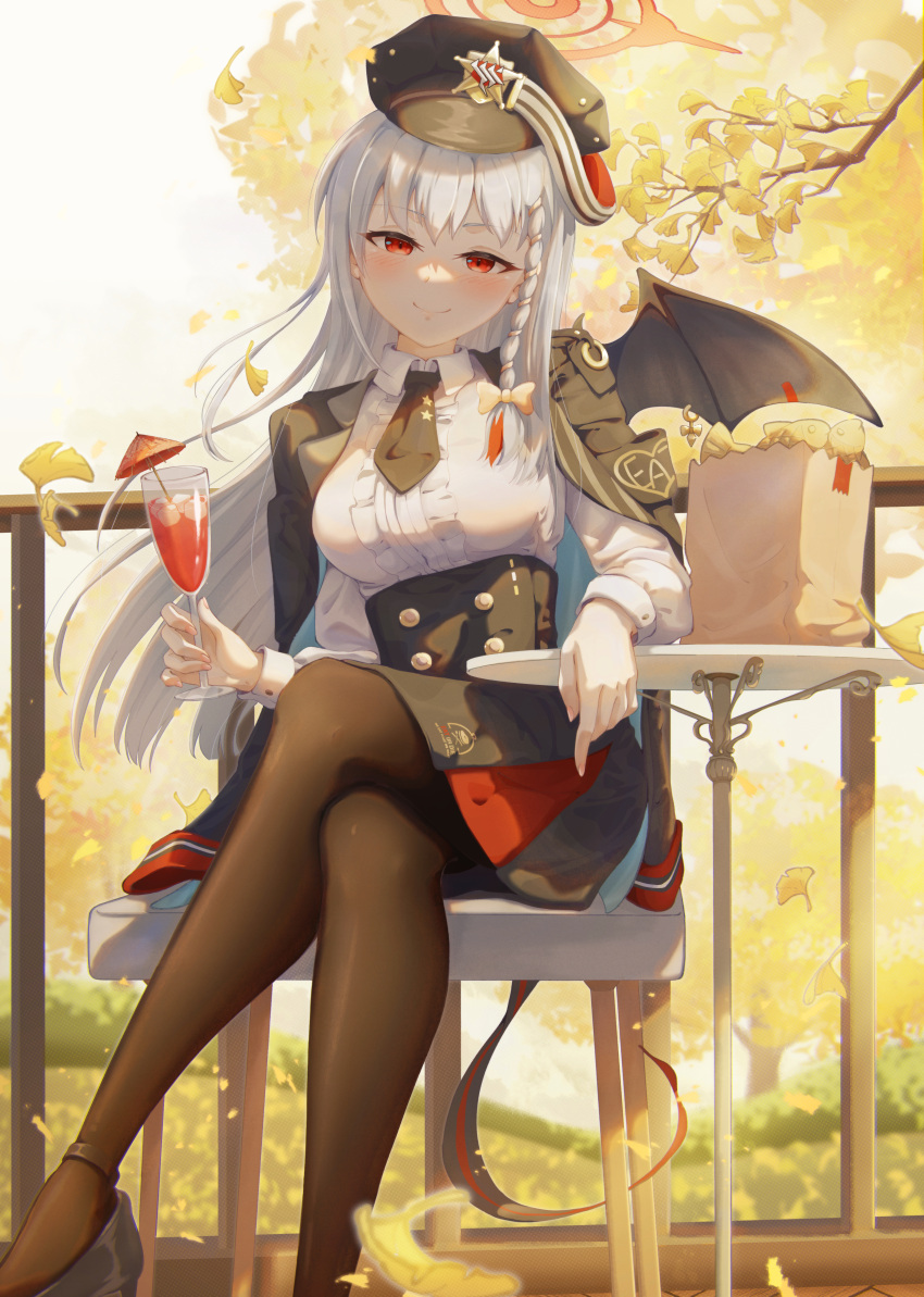 1girl, absurdres, blue_archive, cup, demon_wings, ginkgo, halo, haruna_(blue_archive)