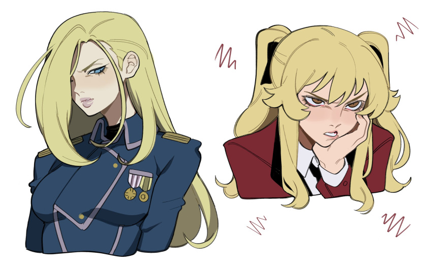 2girls, amestris_military_uniform, bangs, black_ribbon, blazer, blonde_hair, blue_eyes, brown_eyes