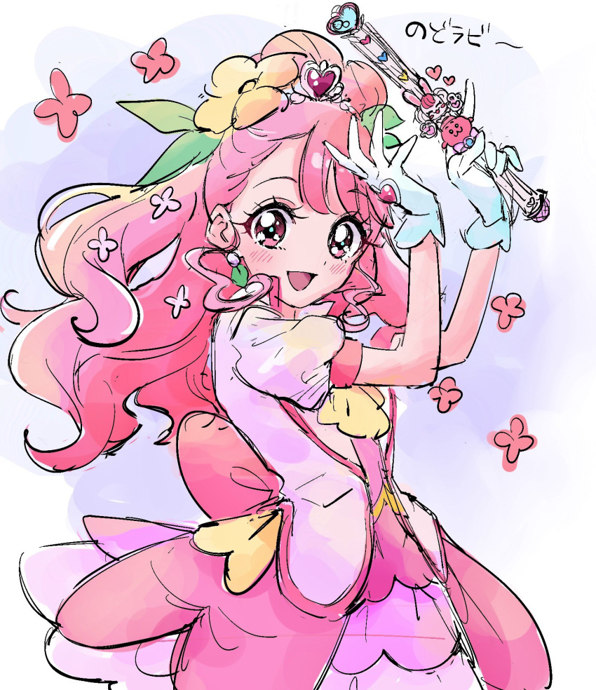1girl, back_bow, bangs, blush, bow, cure_grace, earrings, flower, gloves, hair_flower, hair_ornament, hanadera_nodoka, healin'_good_precure, healing_wand, high_ponytail, highres, jewelry, leaf_earrings, long_hair, looking_at_viewer, magical_girl, pink_bow, pink_eyes, pink_hair, pre221b, precure, short_hair, smile, solo, tiara, white_gloves, wide_ponytail