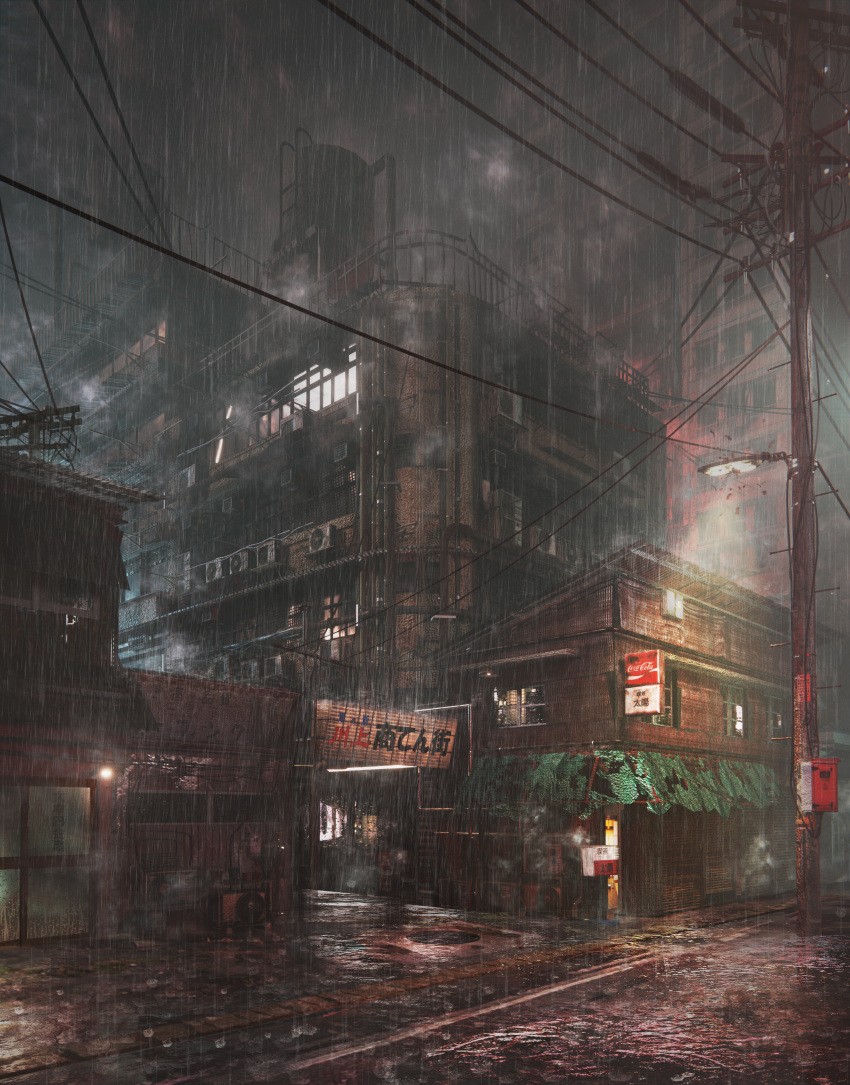 absurdres, architecture, building, highres, lamppost, no_humans, non-web_source, outdoors, power_lines, rain, road, scenery, street, yamadera_kei
