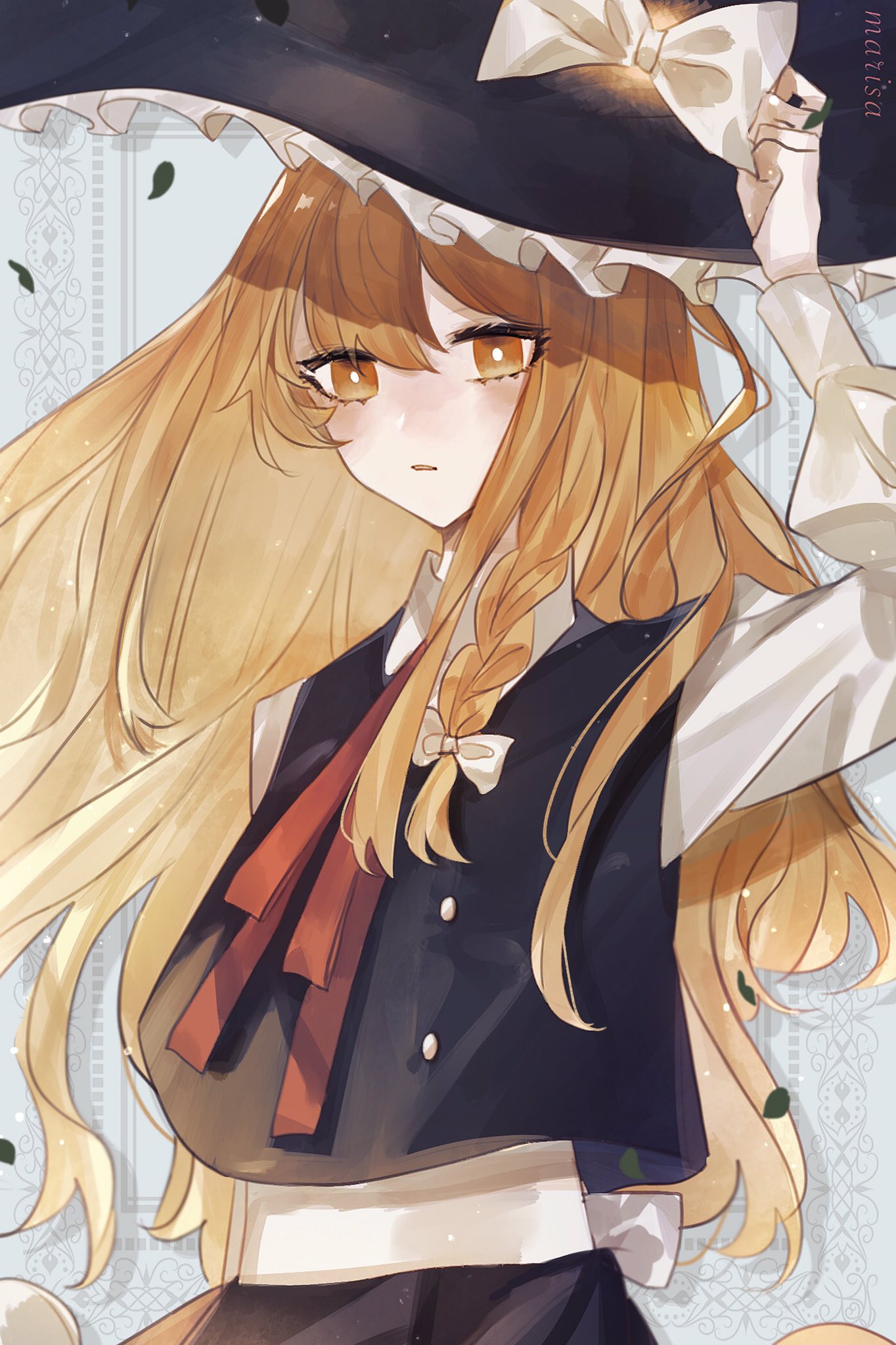 1girl, ariez, black_headwear, black_vest, blonde_hair, blush, bow, braid, bright_pupils, buttons, character_name, commentary, hair_bow, hand_on_headwear, hand_up, hat, hat_bow, highres, kirisame_marisa, long_hair, long_sleeves, looking_at_viewer, neckerchief, parted_lips, red_neckerchief, shirt, single_braid, solo, touhou, upper_body, vest, white_bow, white_pupils, white_shirt, yellow_eyes
