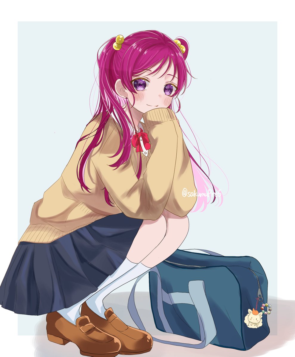 1girl, aged_up, bag, bangs, black_skirt, blush, cardigan, highres, long_hair, long_sleeves, pink_hair, precure, sakumupre5, school_bag, school_uniform, skirt, smile, solo, two_side_up, violet_eyes, yes!_precure_5, yumehara_nozomi