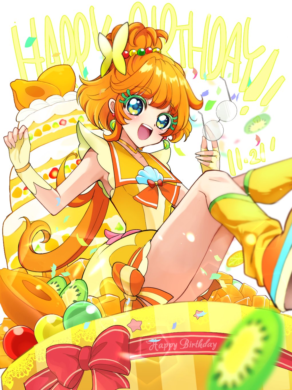 1girl, bangs, cake, choker, colored_eyelashes, cure_papaya, earrings, eyelash_ornament, eyewear_removed, food, glasses, gloves, happy_birthday, highres, ichinose_minori, jewelry, long_hair, ma_yo_co, magical_girl, mismatched_eyelashes, open_mouth, orange_hair, precure, sailor_collar, sitting, smile, solo, thick_eyelashes, tropical-rouge!_precure, yellow_choker, yellow_gloves, yellow_sailor_collar
