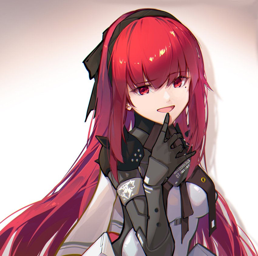 1girl, bodysuit, hairband, highres, index_finger_raised, linxi, long_hair, mole, mole_under_eye, open_mouth, punishing:_gray_raven, red_eyes, redhead, shadow, sidelocks, simple_background, solo, spiked_pauldrons, upper_body, vera_(punishing:_gray_raven), white_background