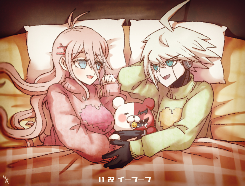 1boy, 1girl, :d, ahoge, android, antenna_hair, bangs, black_scarf