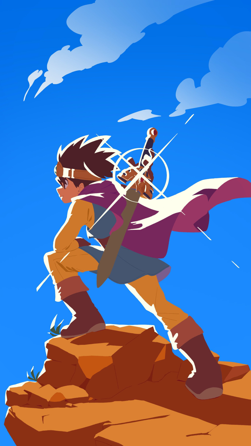 1boy, absurdres, black_eyes, black_hair, blue_sky, blue_tunic, boots, brown_footwear