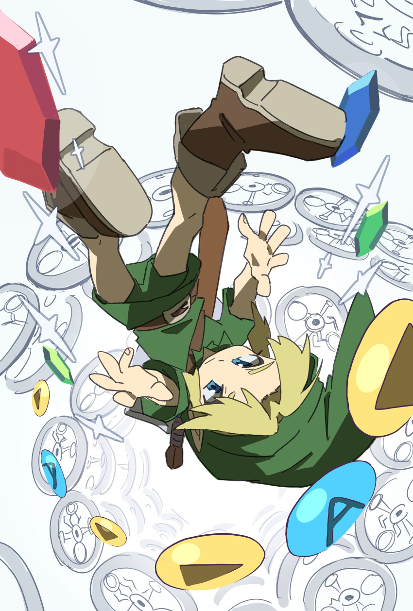 1boy, absurdres, blonde_hair, blue_eyes, boots, brown_footwear, clock, closed_mouth