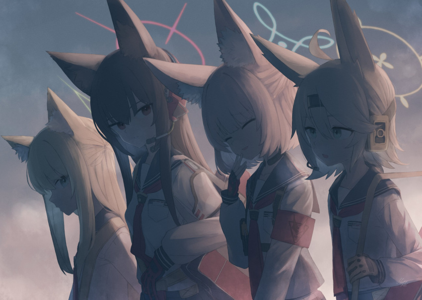 4girls, ahoge, animal_ear_fluff, animal_ears, armband, blonde_hair, blue_archive, blue_sailor_collar