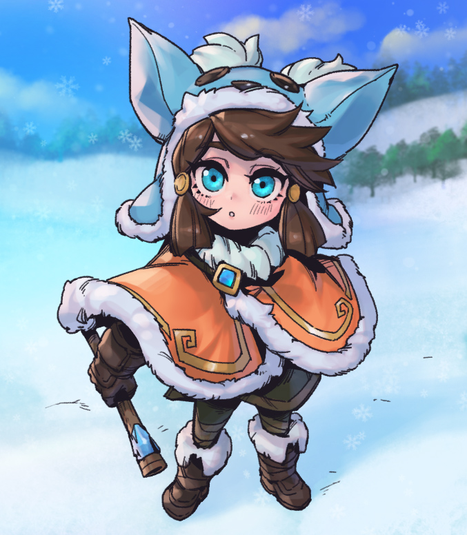 1girl, :o, bangs, blush, brown_capelet, brown_footwear, brown_gloves, brown_hair, capelet, flute, full_body, fur-trimmed_capelet, fur_trim, genderswap, genderswap_(mtf), gloves, green_eyes, green_hood, holding, holding_instrument, instrument, league_of_legends, nunu_(league_of_legends), outdoors, phantom_ix_row, snow, snowing, solo, standing, tree