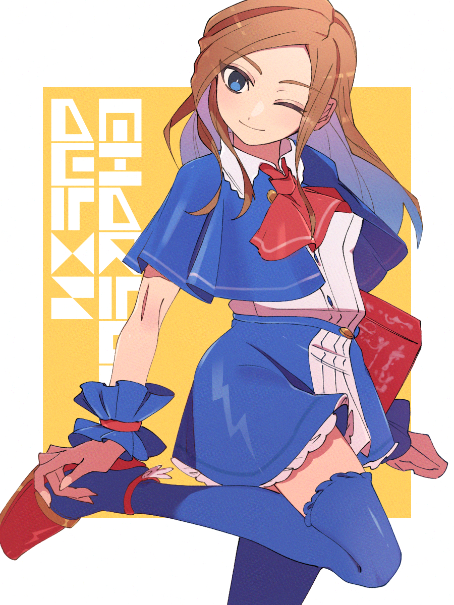 1girl, 6v6_1212, ascot, blue_eyes, blue_thighhighs, brown_hair, capelet, castlevania