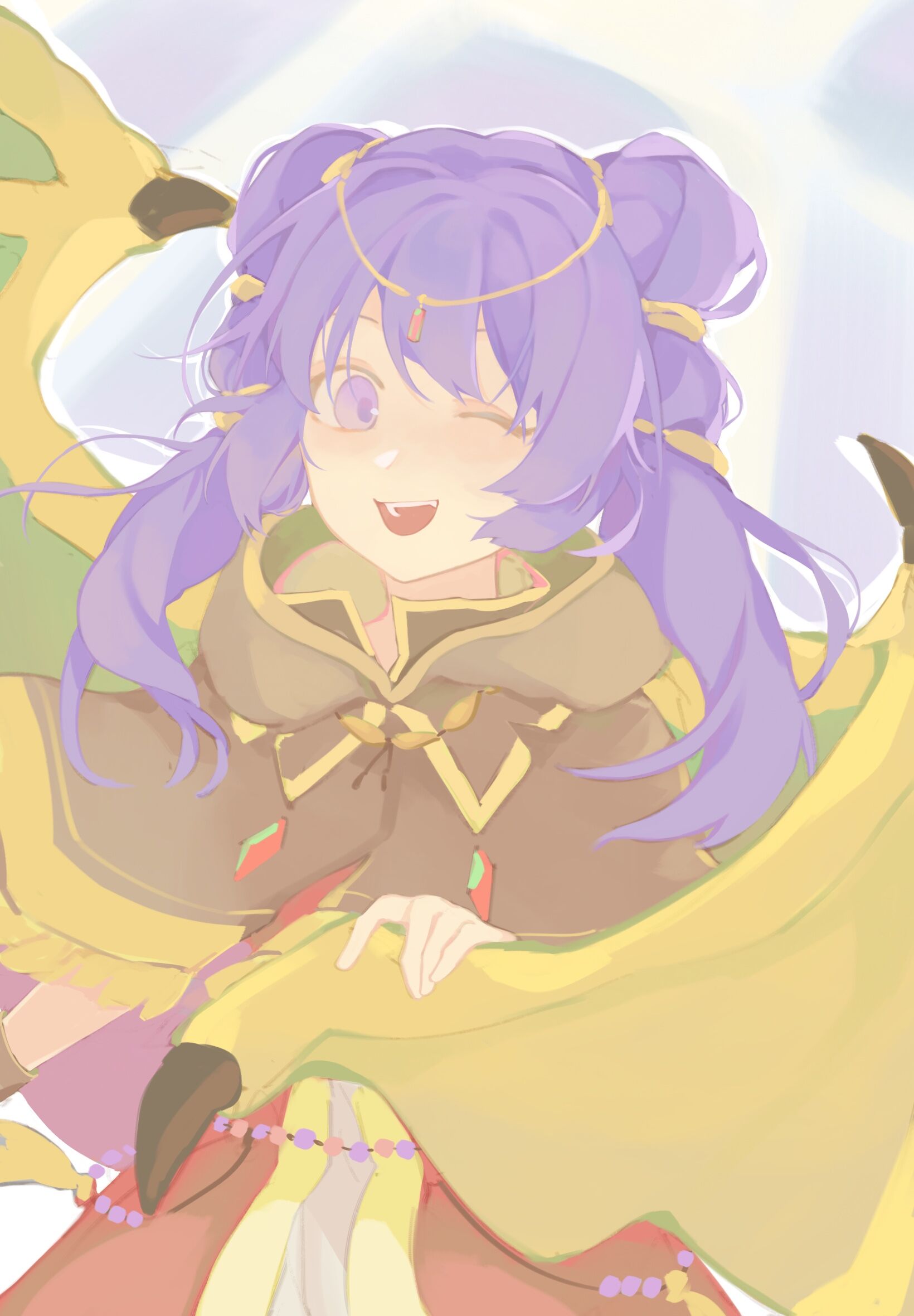 1girl, ;d, bangs, brown_capelet, capelet, circlet, dragon_girl, dragon_wings