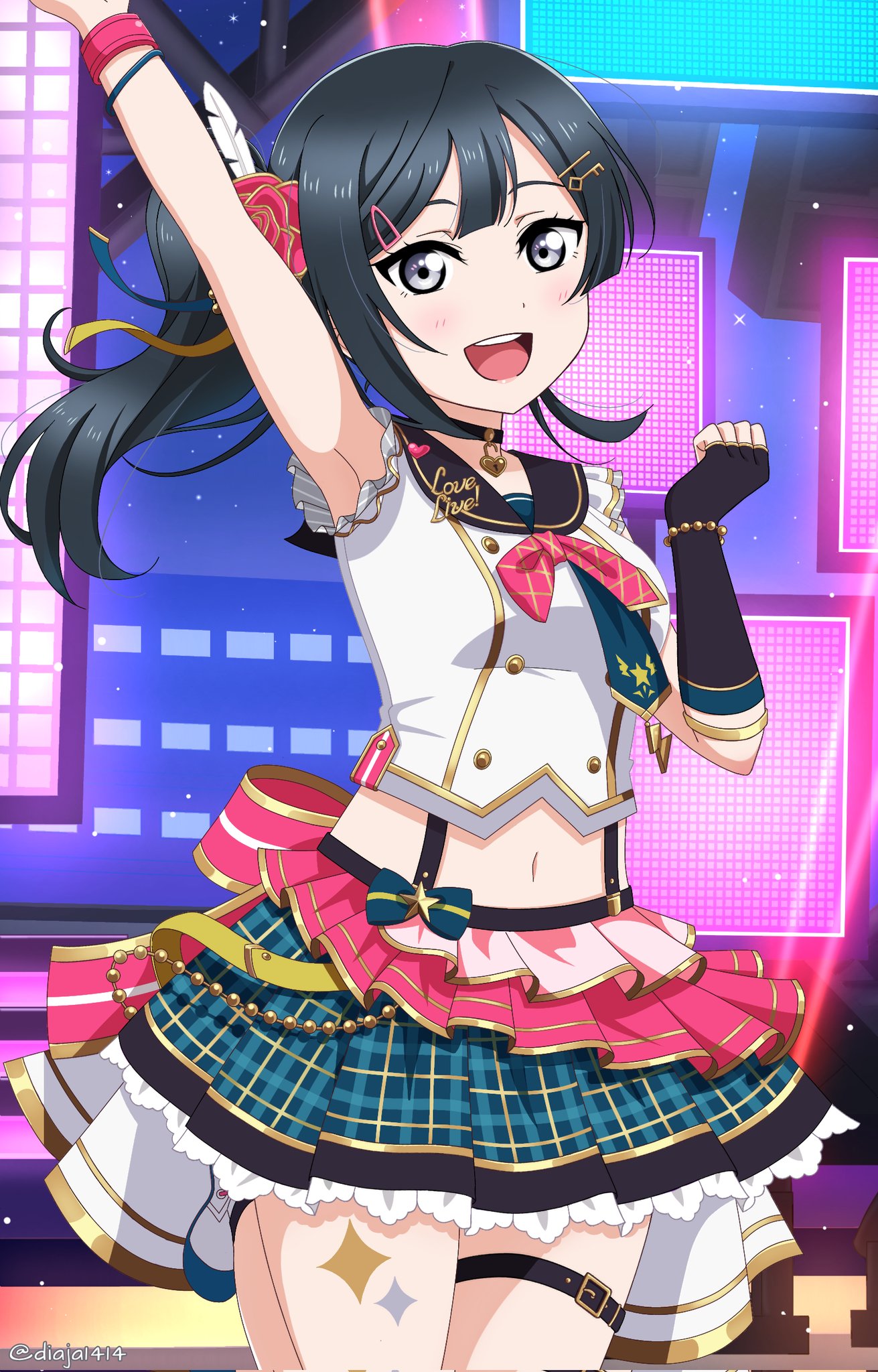 1girl, arm_up, armpits, bangs, black_gloves, black_hair, bracelet, breasts