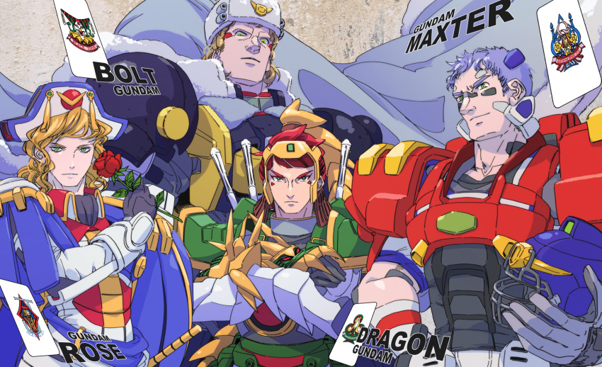 4boys, 8823, american_football_helmet, arm_guards, armor, bicorne, black_gloves, blonde_hair