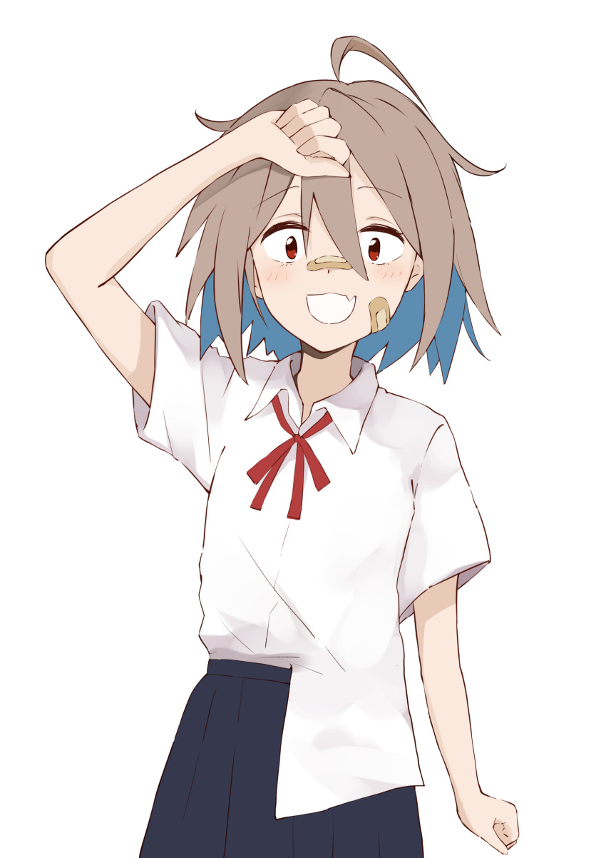 1girl, :d, ahoge, bandaid, bandaid_on_cheek, bandaid_on_face, bandaid_on_nose, bangs, blue_skirt, commentary, do_it_yourself!!, dress_shirt, fang, hand_on_own_head, highres, looking_at_viewer, neck_ribbon, nyagonya21, pleated_skirt, red_eyes, red_ribbon, ribbon, school_uniform, shirt, short_hair, short_sleeves, simple_background, skin_fang, skirt, smile, solo, standing, untucked_shirt, white_background, white_shirt, wing_collar, yua_serufu