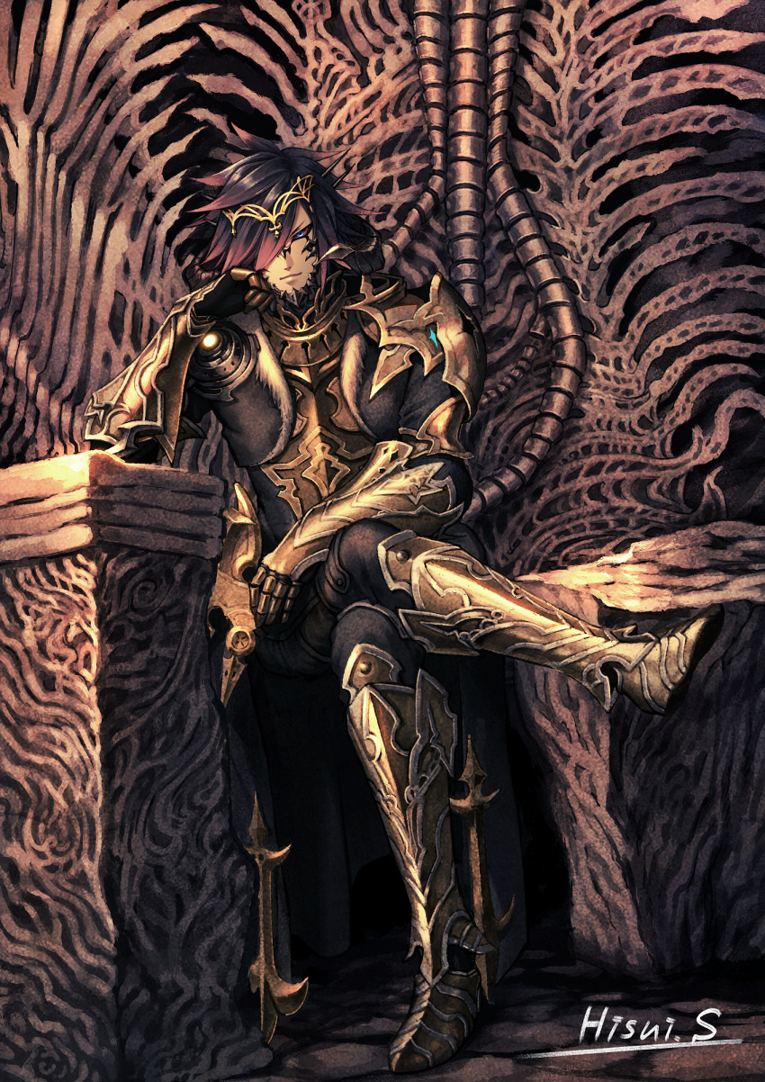 1boy, arm_rest, armor, armored_boots, armored_coat, au_ra, avatar_(ff14), blue_eyes, boots, breastplate, closed_mouth, coat, colored_sclera, crossed_legs, elbow_rest, final_fantasy, final_fantasy_xiv, full_body, gauntlets, hand_on_own_cheek, hand_on_own_face, hand_up, head_rest, highres, horns, leaning_to_the_side, light_smile, looking_at_viewer, male_focus, medium_hair, multicolored_hair, purple_hair, red_sclera, redhead, scales, shoulder_armor, sitting, solo, sumeragi_hisui, throne, two-tone_hair
