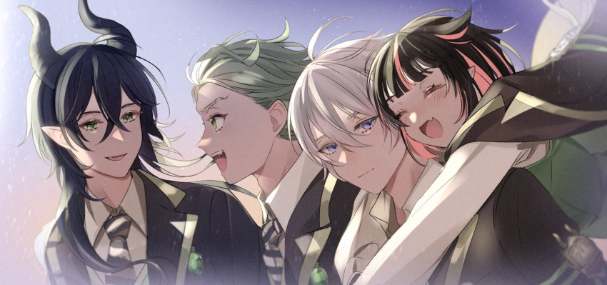 4boys, black_hair, blush, closed_eyes, facing_to_the_side, facing_viewer, green_eyes, green_hair