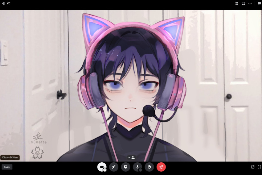 1boy, animal_ear_headphones, animal_ears, artist_name, black_shirt, blue_eyes, blue_hair, cat_ear_headphones, closed_mouth, fake_animal_ears, genshin_impact, headphones, highres, looking_at_viewer, lounette, male_focus, meme, microphone, sad_linus_(meme), scaramouche_(genshin_impact), shirt, short_hair, signature, solo, video_call
