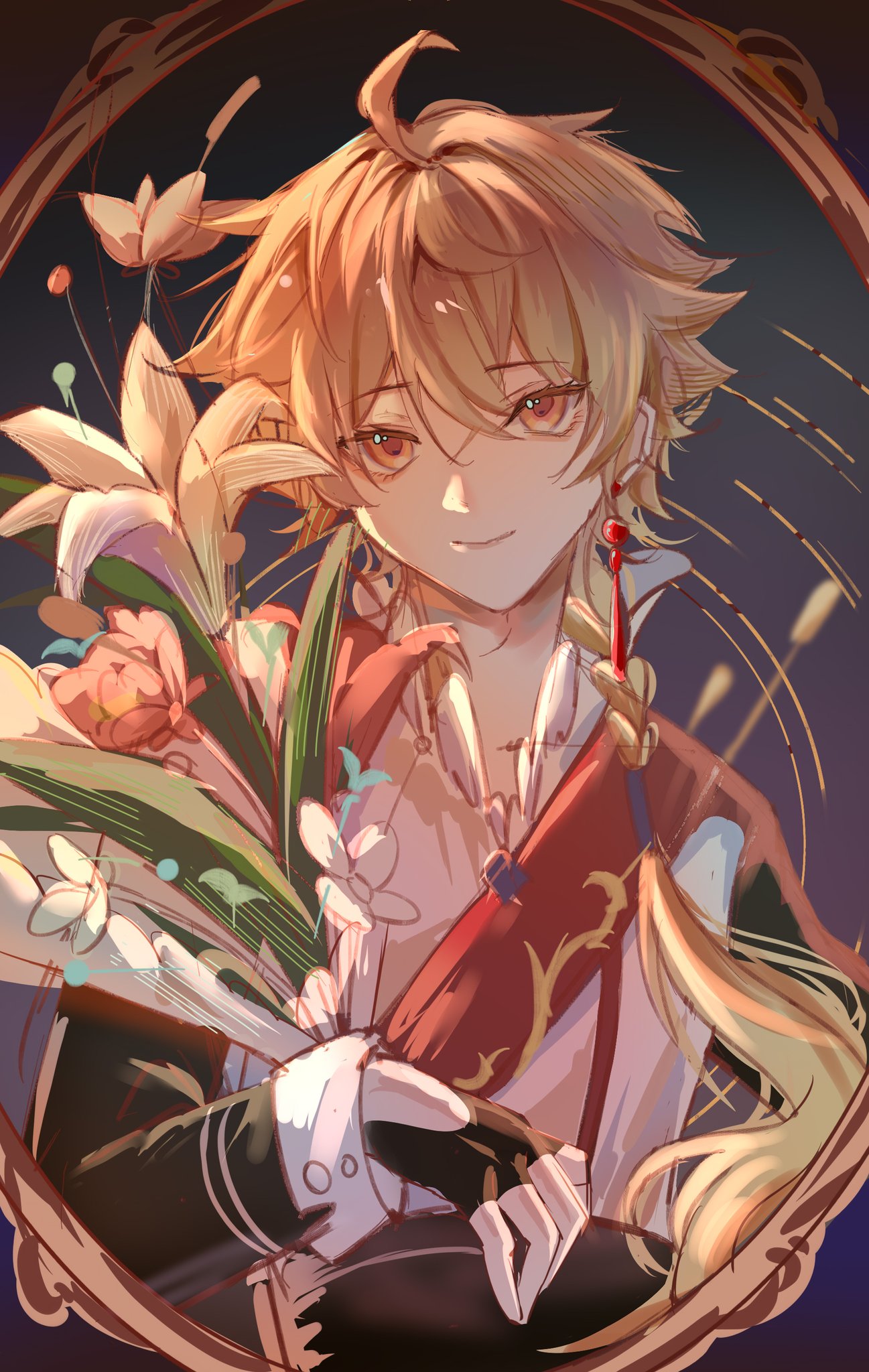 1boy, aether_(genshin_impact), ahoge, blonde_hair, bouquet, braid, closed_mouth, earrings