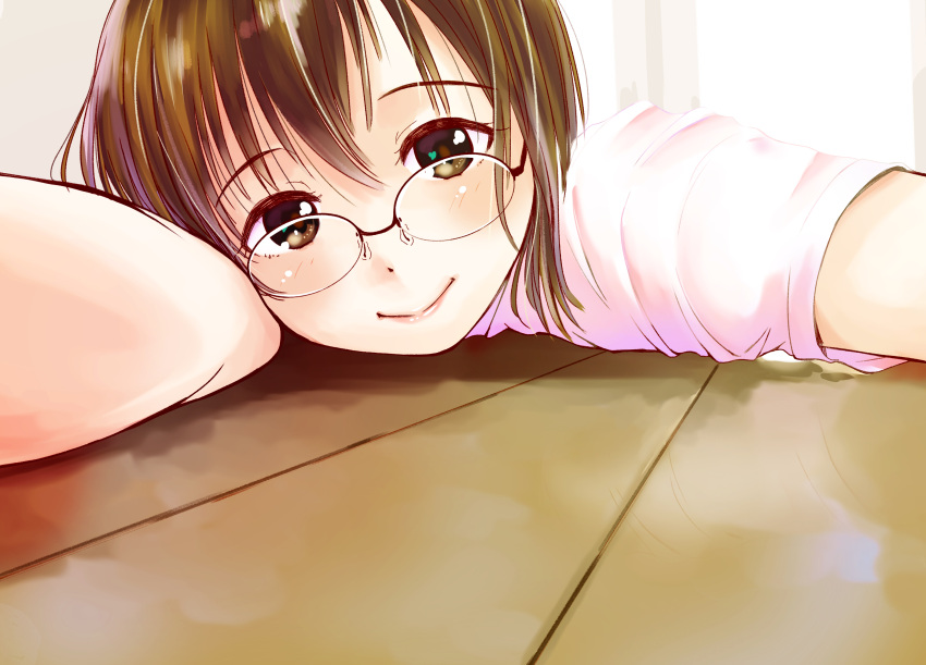 1girl, arm_rest, bangs, black-framed_eyewear, brown_eyes, brown_hair, close-up, closed_mouth