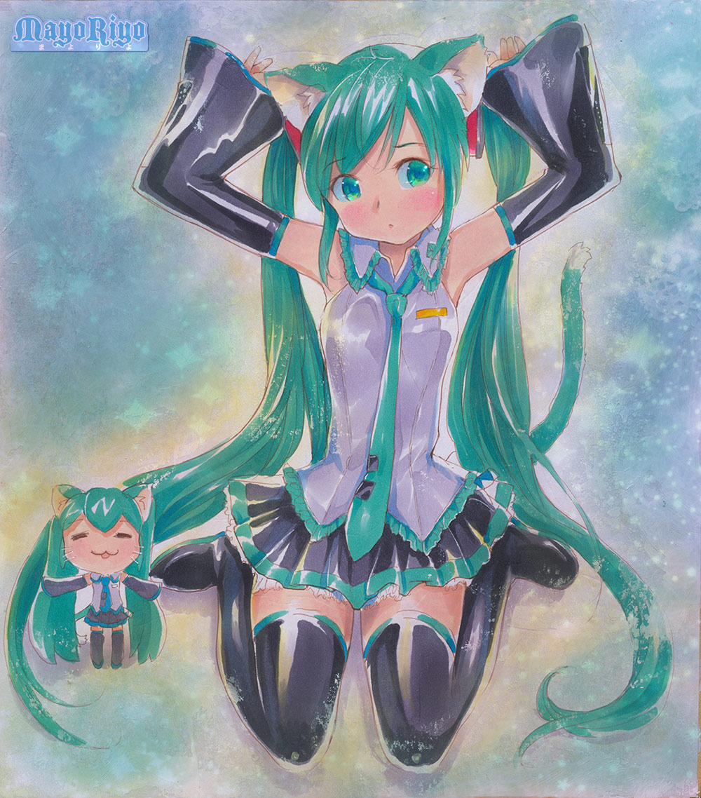 2girls, animal_ears, armpits, arms_up, artist_name, boots, cat_ears, cat_tail, chibi, chibi_miku_(mayo_riyo), commentary_request, detached_sleeves, green_eyes, green_hair, hatsune_miku, long_hair, mayo_riyo, multiple_girls, necktie, non-web_source, sitting, skirt, tail, thigh-highs, thigh_boots, traditional_media, twintails, very_long_hair, vocaloid, wariza