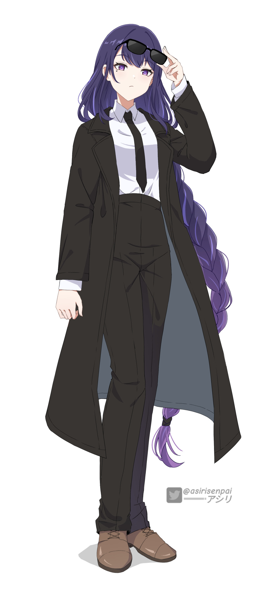 1girl, absurdres, adjusting_eyewear, alternate_costume, artist_name, asiri_senpai, bangs, black_coat