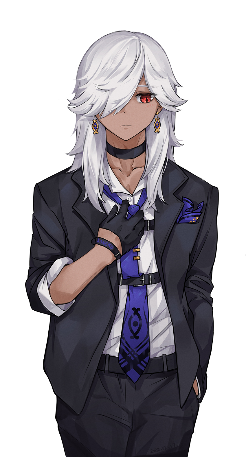 1boy, alternate_costume, bangs, black_choker, black_gloves, black_jacket, black_pants, blue_necktie, choker, closed_mouth, collarbone, collared_shirt, cyno_(genshin_impact), dark-skinned_male, dark_skin, earrings, formal, genshin_impact, gloves, hair_over_one_eye, hand_in_pocket, highres, jacket, jewelry, long_hair, male_focus, necktie, pants, red_eyes, shirt, simple_background, solo, tuanzimiao1, white_background, white_hair