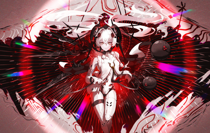 1girl, bodysuit, closed_mouth, cross-shaped_pupils, floating, floating_hair_ornament, floating_object, highres, krmpuris, long_hair, looking_at_viewer, luna_(punishing:_gray_raven), outstretched_hand, punishing:_gray_raven, rainbow_gradient, see-through, solo, sunburst, sunburst_background, symbol-shaped_pupils, twintails, white_hair