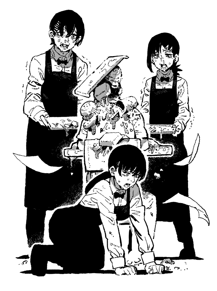 1boy, 2girls, apron, bow, bowtie, burger, chainsaw_man, crying