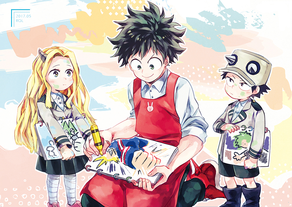 1girl, 2boys, abstract_background, all_might, alternate_costume, alternate_eye_color, alternate_hair_color, apron