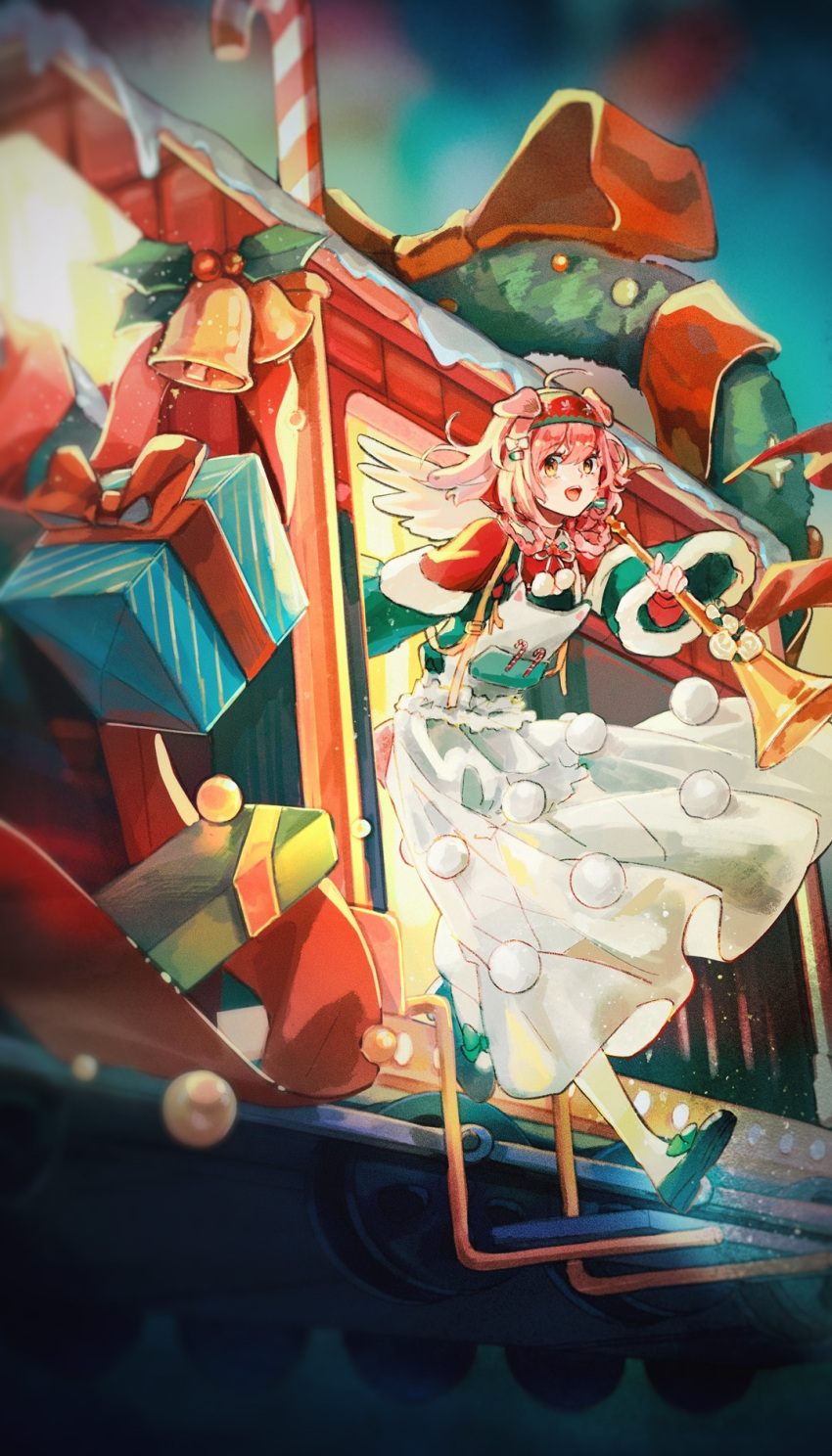 1girl, :d, animal_ears, arknights, bell, black_footwear, bluebluecathy, box