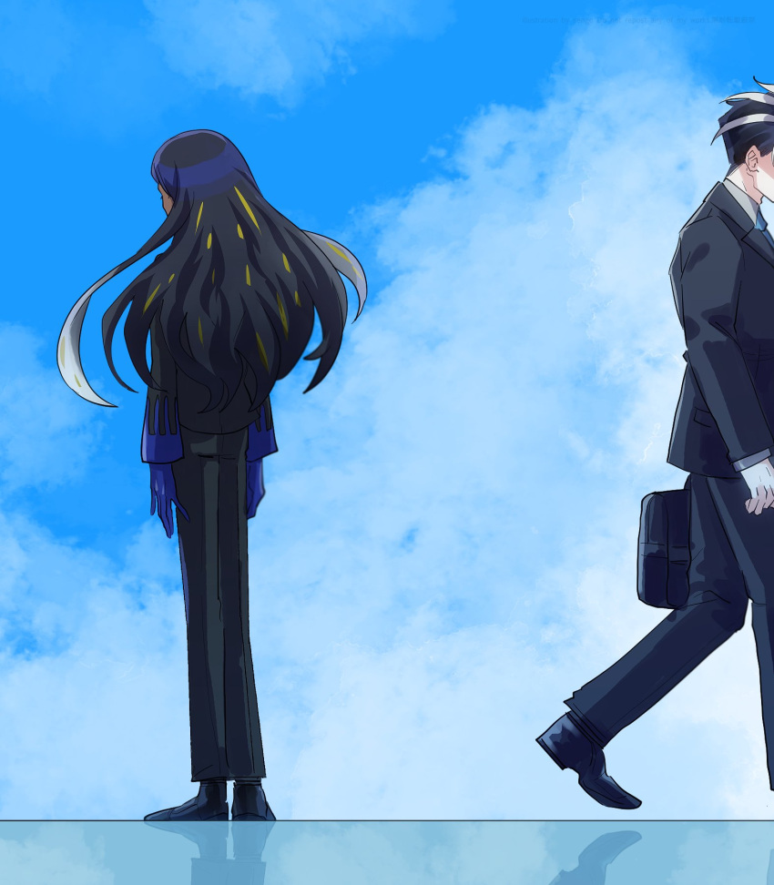 1boy, 1girl, airagency1005, back, black_footwear, black_hair, black_jacket, black_pants