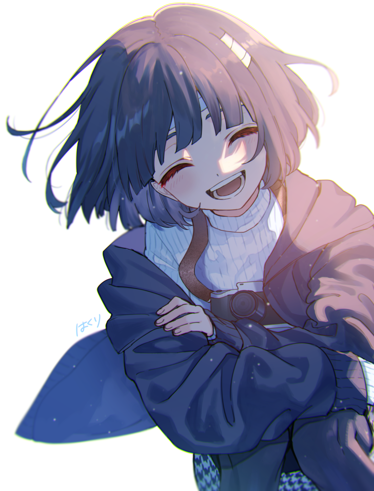 1girl, backlighting, bandaged_head, bandages, black_hair, black_jacket, blunt_ends, camera