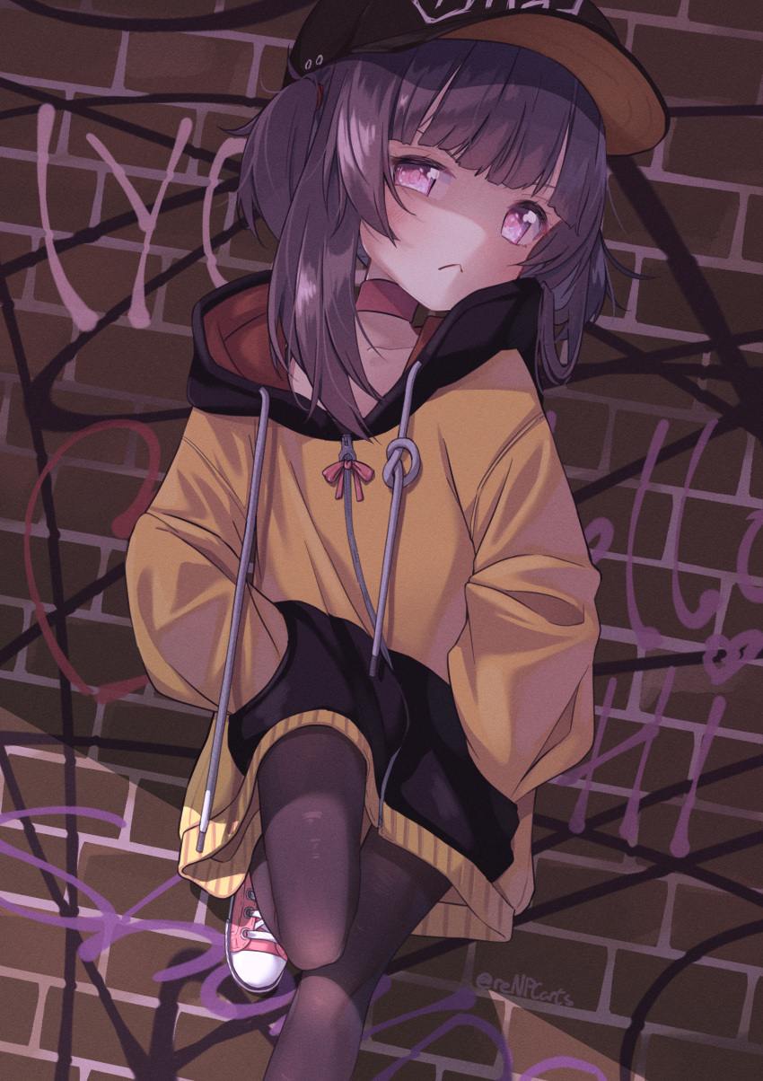 1girl, absurdres, against_wall, bangs, baseball_cap, black_headwear, black_pantyhose, blunt_bangs