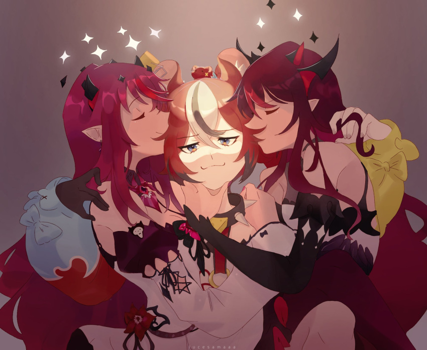 3girls, animal_ears, arm_around_shoulder, bangs, black_hair, dress, hair_ornament, hakos_baelz