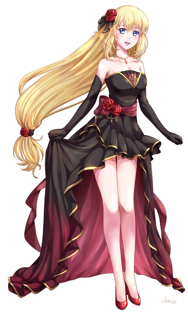 1girl, agnes_claudel, blonde_hair, blue_eyes, dress, eiyuu_densetsu, elbow_gloves, falcom, flower, formal, full_body, gloves, hair_between_eyes, hair_flower, hair_ornament, high_heels, jewelry, kuro_no_kiseki, looking_at_viewer, low_ponytail, multicolored_hair, necklace, ponytail, solo, streaked_hair, white_background, xiacheng_tatsuya